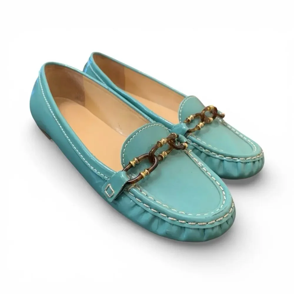 Talbots Teal Patent Leather Loafers Womens 6.5 B Chain Link Flats Brazil